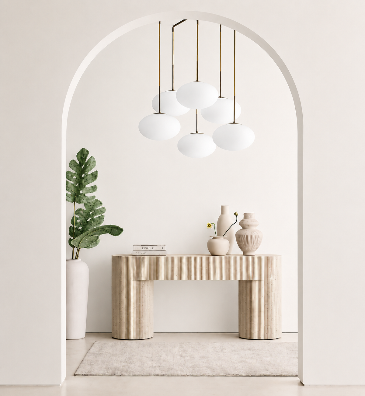 Kahn Ribbed Concrete & Oak Console Table — Cream | 72"