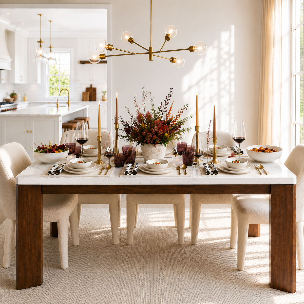 Sydney Carrara Marble Dining Table —  Walnut Legs | 72" | Seats 8