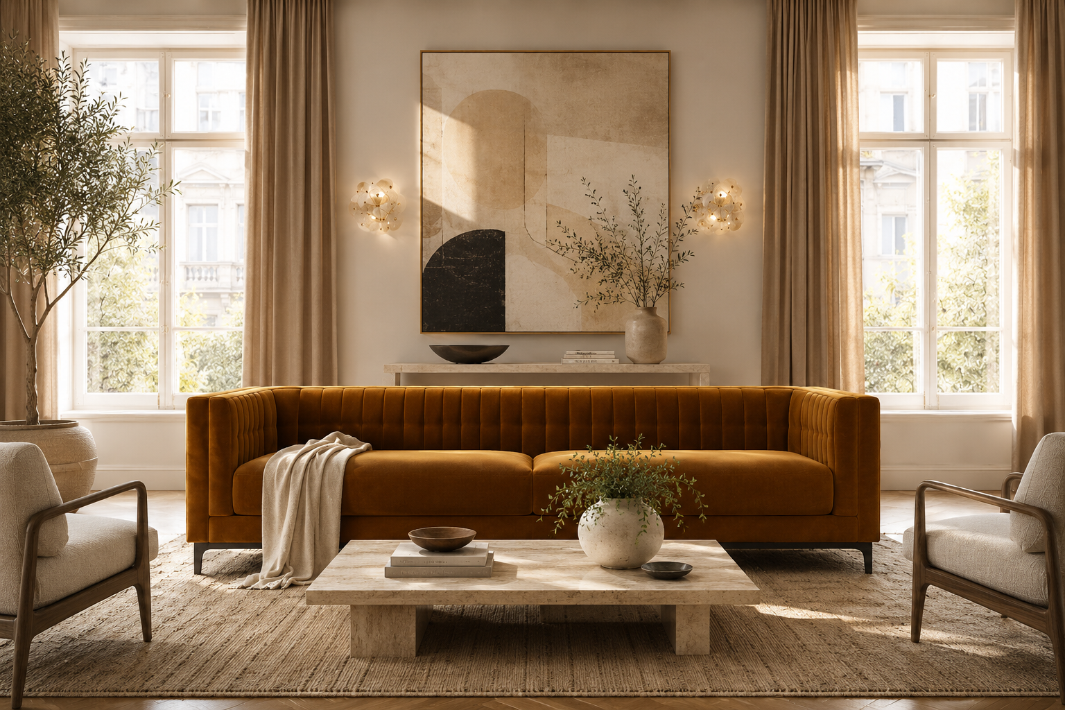 Ambroise Channel-Tufted Velvet Sofa Amber Gold | 104.75"