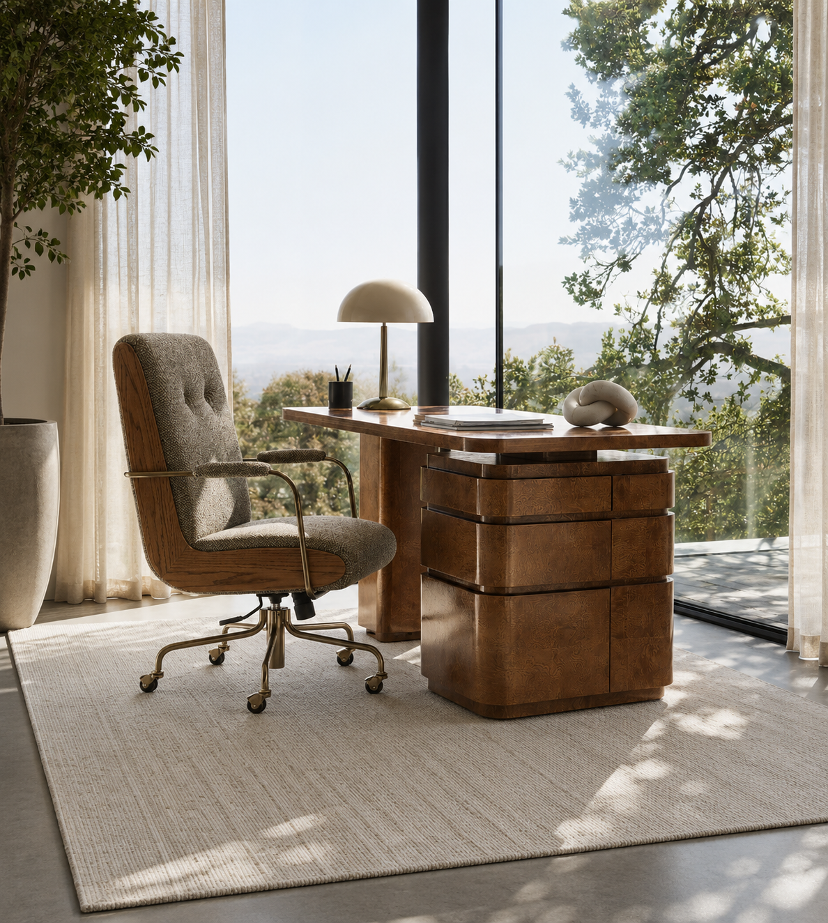 Greye Burl Wood Desk with Swivel Drawers — 60"