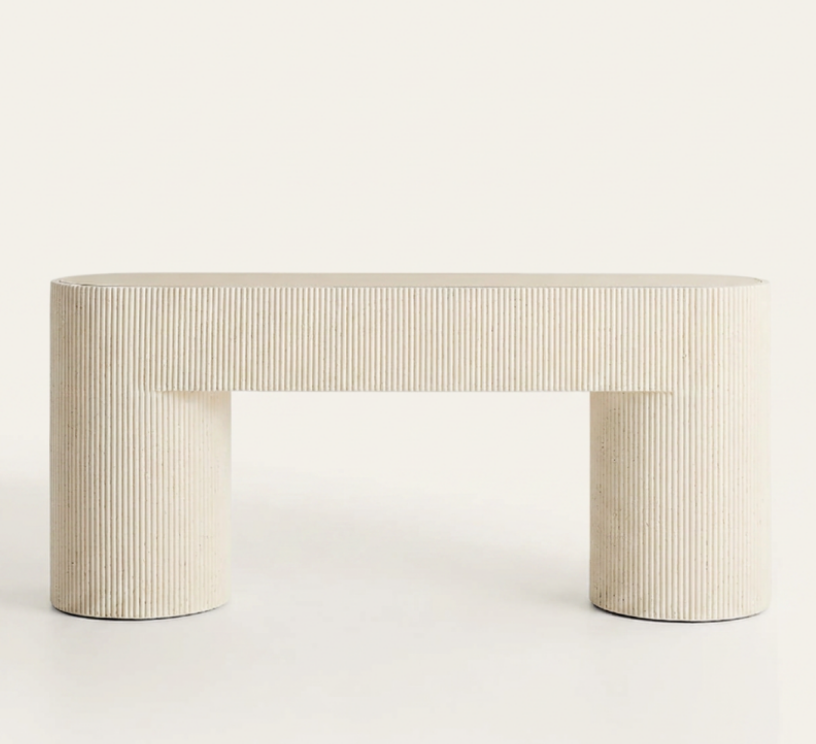 Kahn Ribbed Concrete & Oak Console Table — Cream | 72"