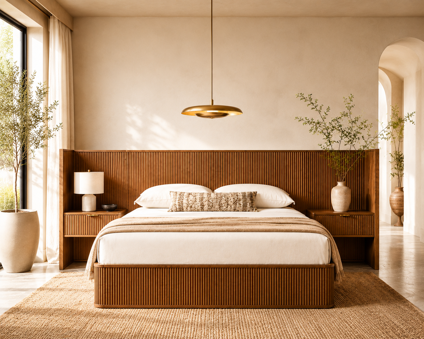 Davison Fluted Wood Bed with Integrated  Nightstands — Warm Brown | King